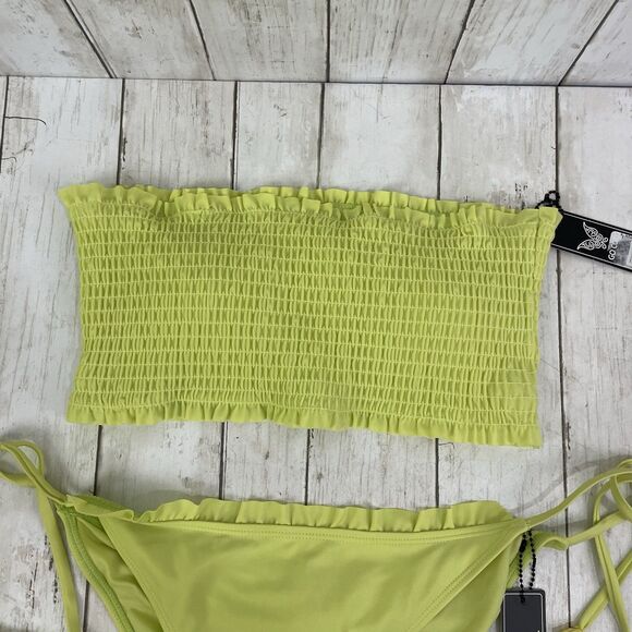 Go Coco Bandeau Top & Tie Side Bikini Bottom Set Sz L Celery Green NWT - Picture 2 of 9